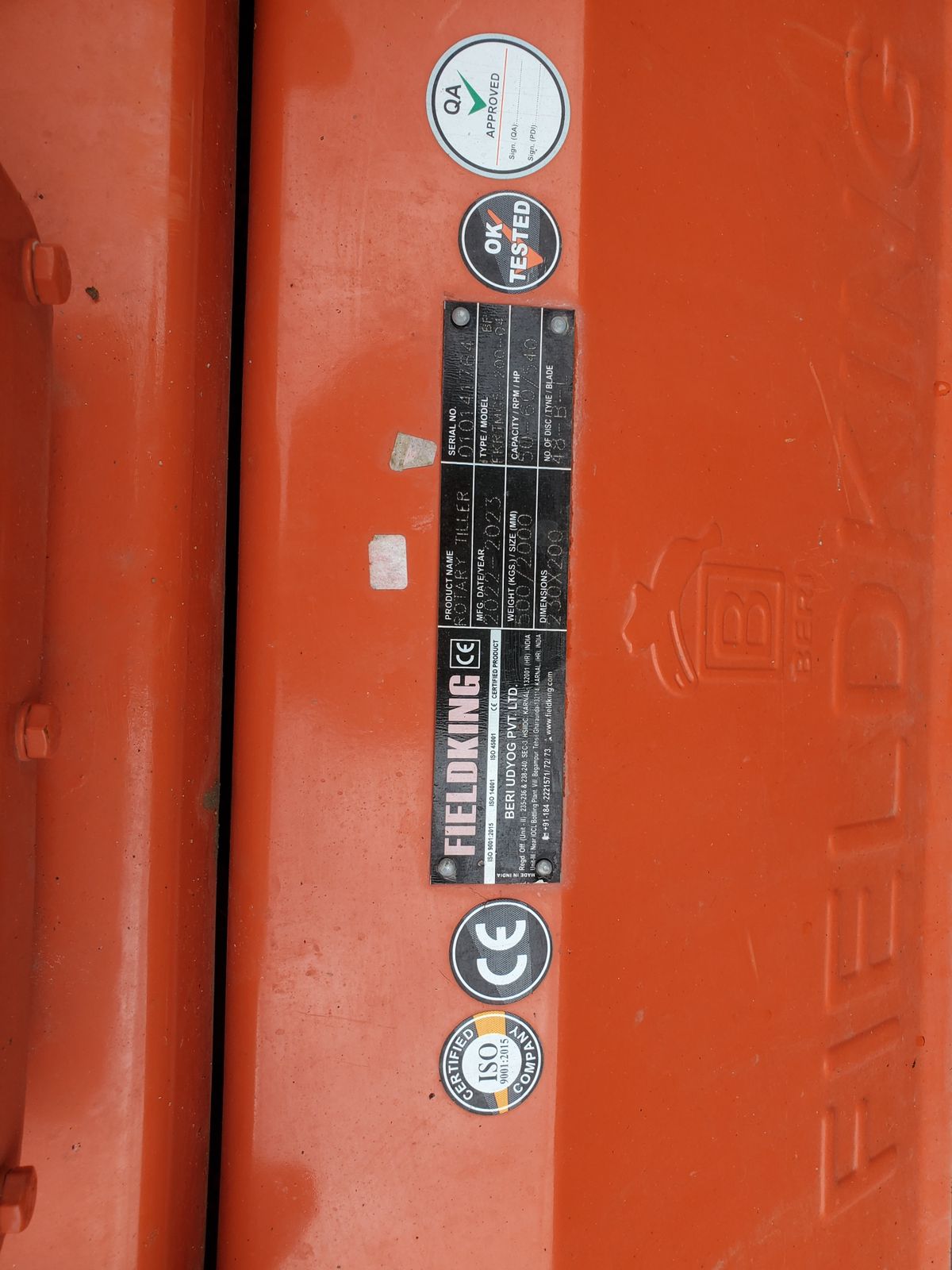Rotary tiller specification plate